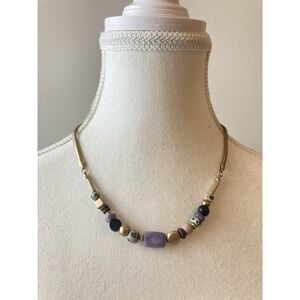 Mixed Bead Collar Necklace Gold Tone Purple Stone Dark Romantic Snake Chain